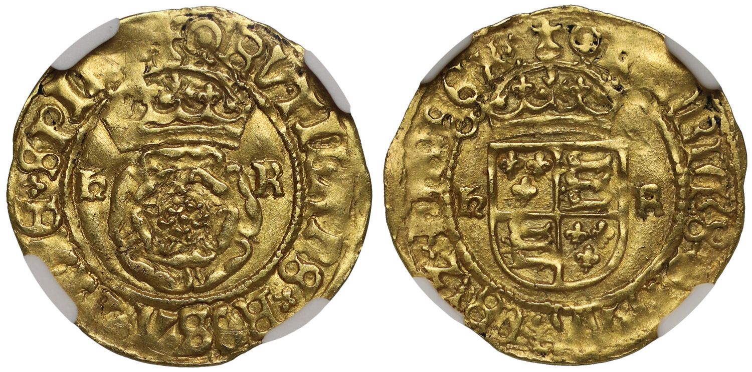 Henry VIII gold Halfcrown of Double Rose, Tower Mint MS62