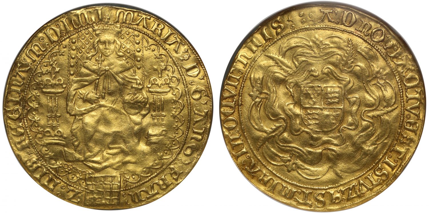 Mary Tudor, fine gold Sovereign, 1554 in Roman numerals, rarest date