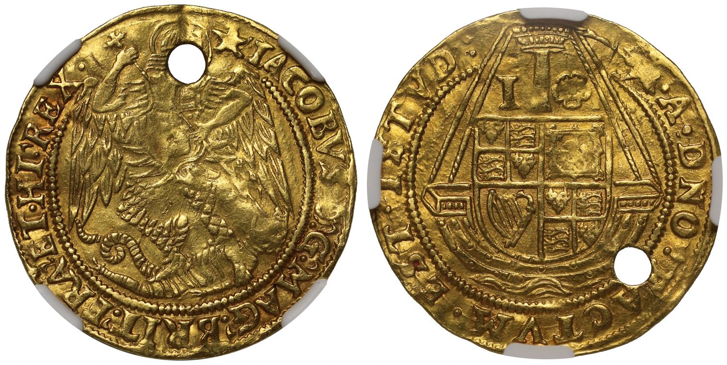 James I fine gold Angel, mm mullet, pierced for touching for the Kings Evil UNC