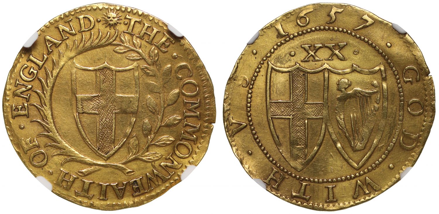 Commonwealth 1657 Unite, one of the rarer dates, final for mint mark