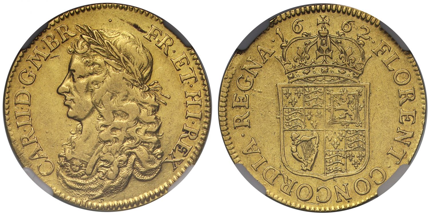 Charles II 1662 gold Twenty Shilling piece or Broad, no berries variety, XF45