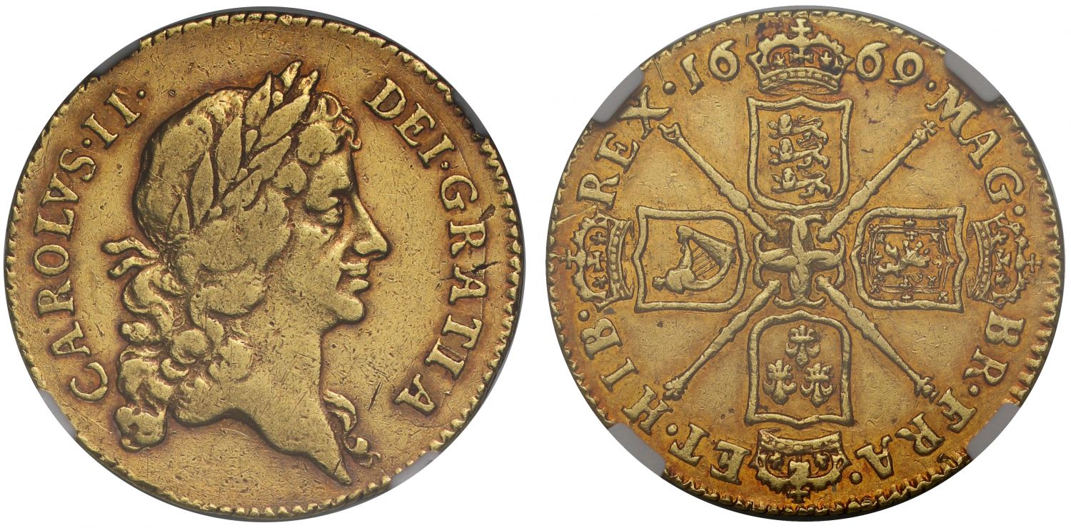 Charles II 1669 Guinea, third bust, very rare date, VF30, not present in Schneider collection