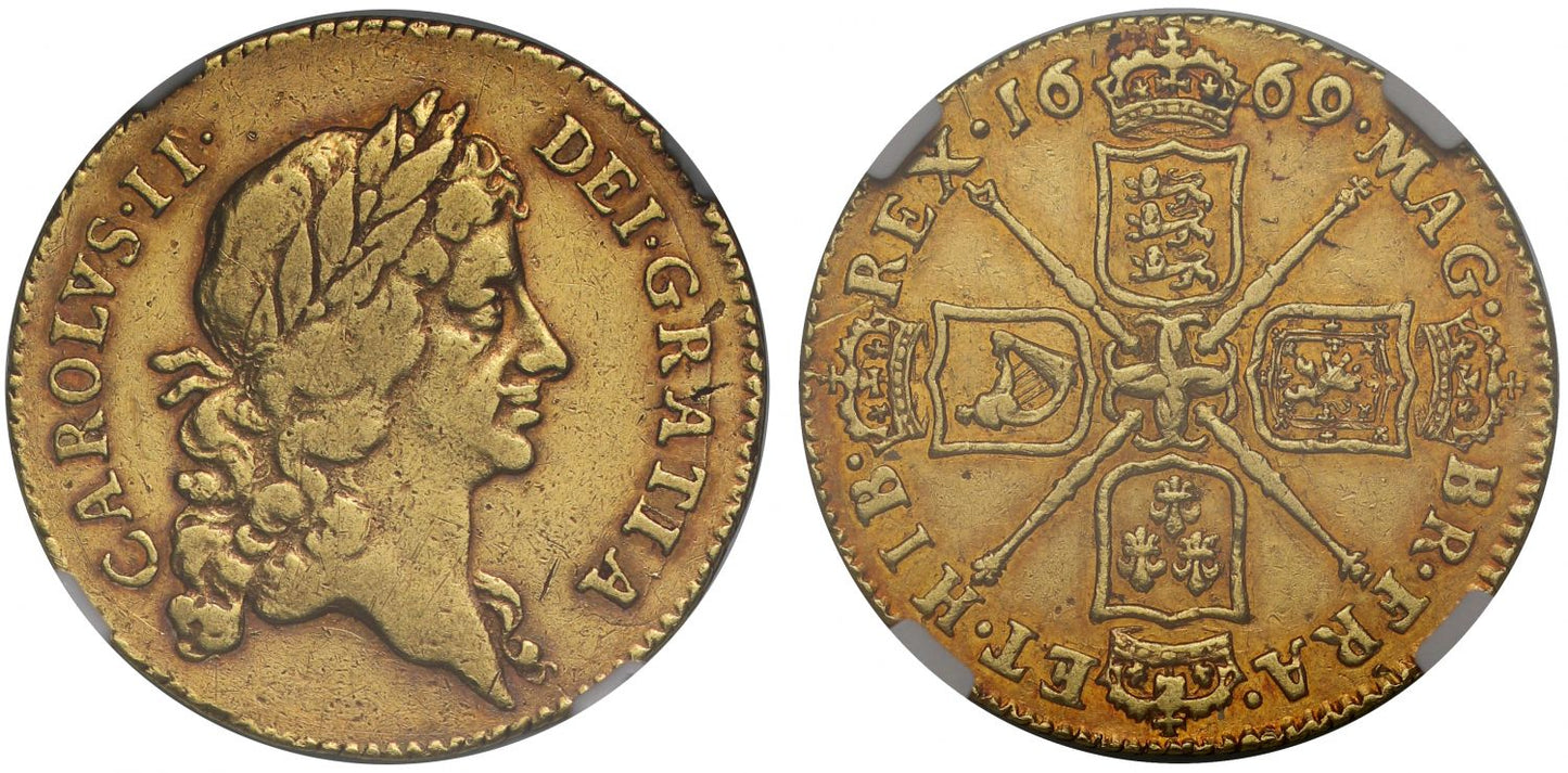 Charles II 1669 Guinea, third bust, very rare date, VF30, not present in Schneider collection