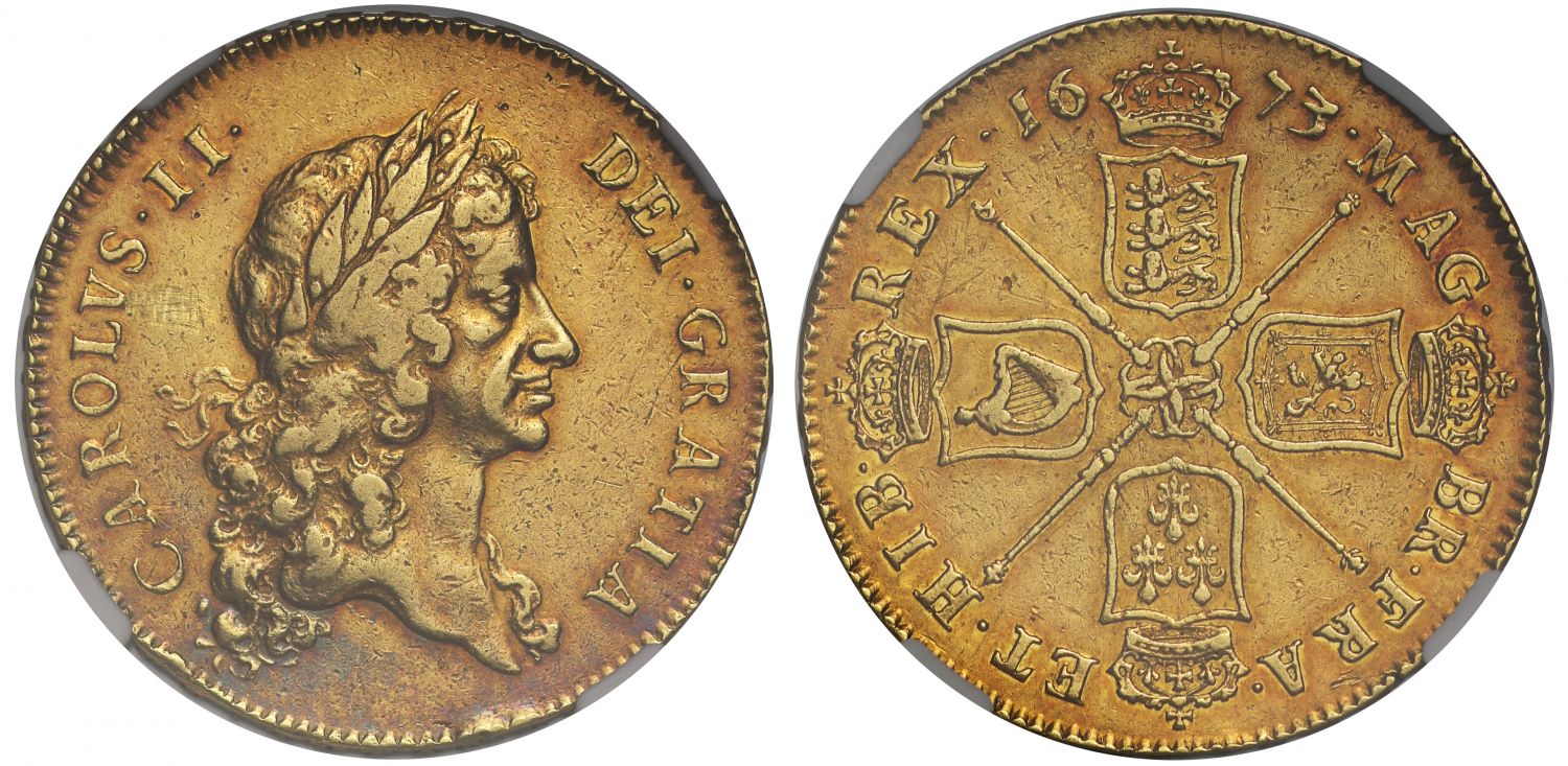 Charles II 1673 Five Guineas, first bust, obverse spot removal XF Details