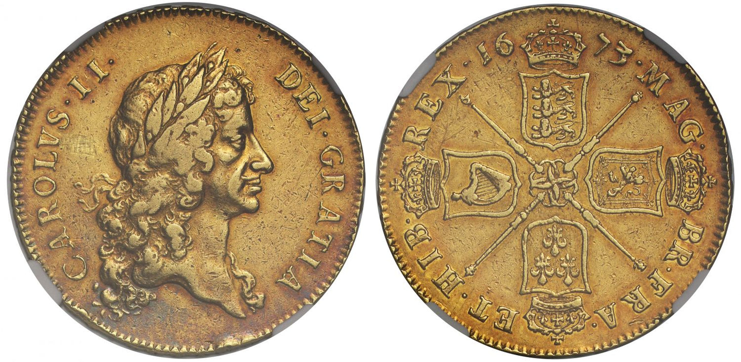 Charles II 1673 Five Guineas, first bust, obverse spot removal XF Details