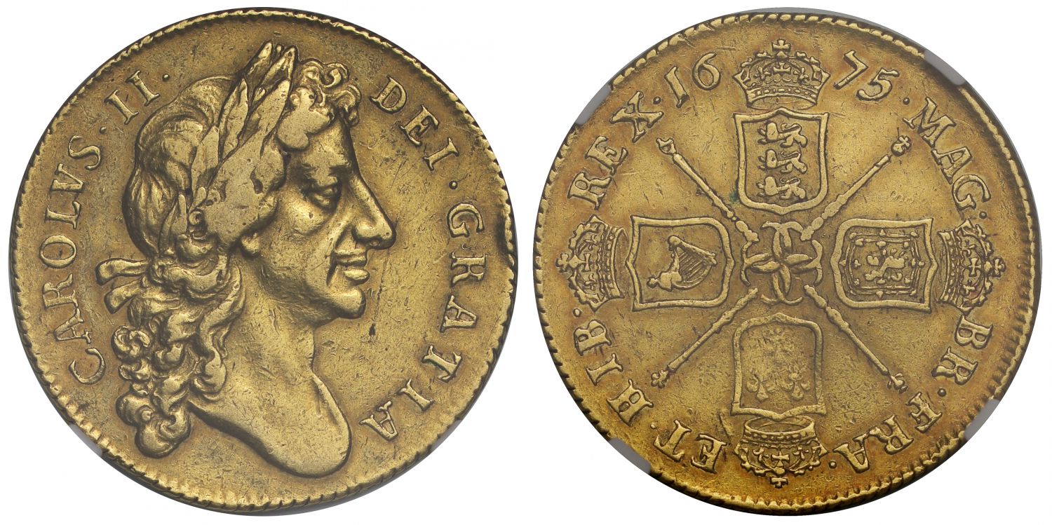 Charles II 1675 Two Guineas, second bust, rare date, XF40