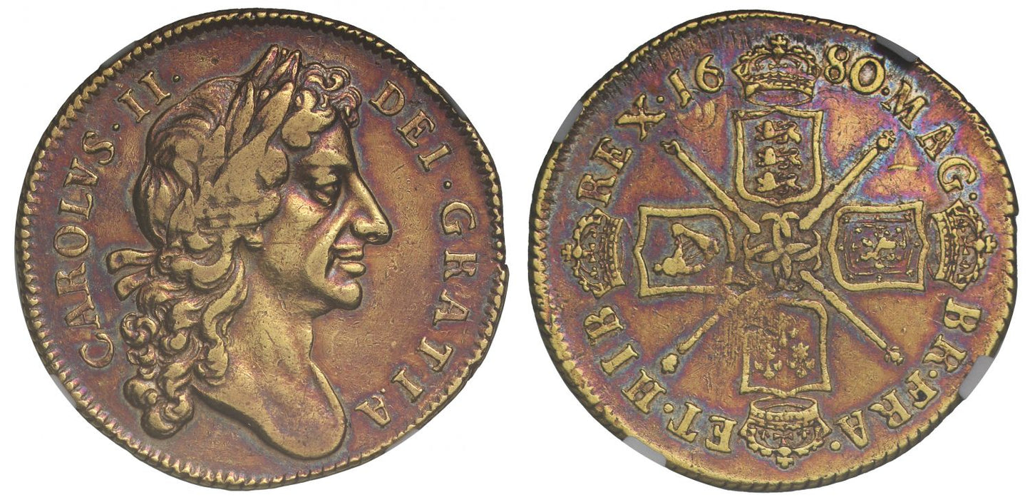 Charles II 1680 Two-Guineas, reverse with dramatic double strike VF35