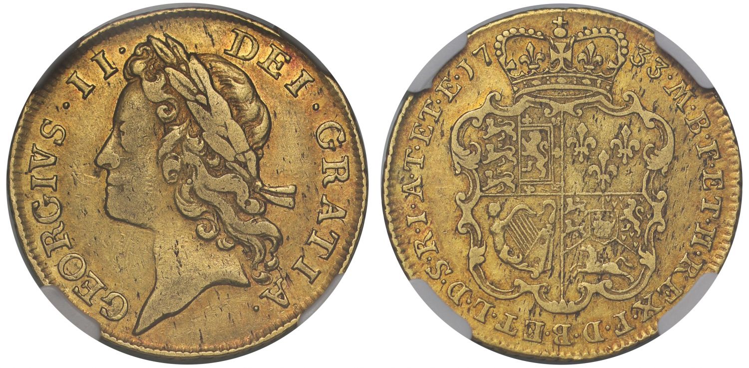George II 1733 Guinea, young head, NGC VF35