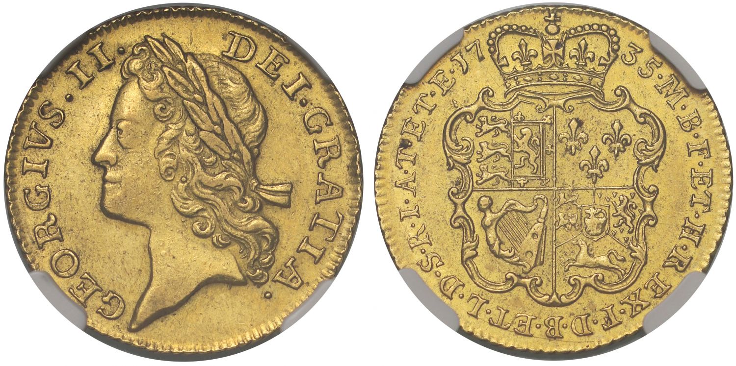 George II 1735 Guinea, second young head, finest graded AU58