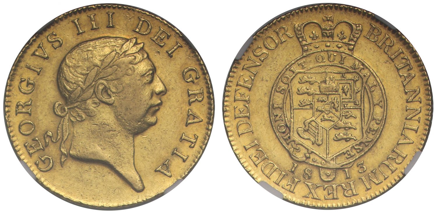George III 1813 'Military' Guinea AU55, final date for denomination, ex Baumhauer