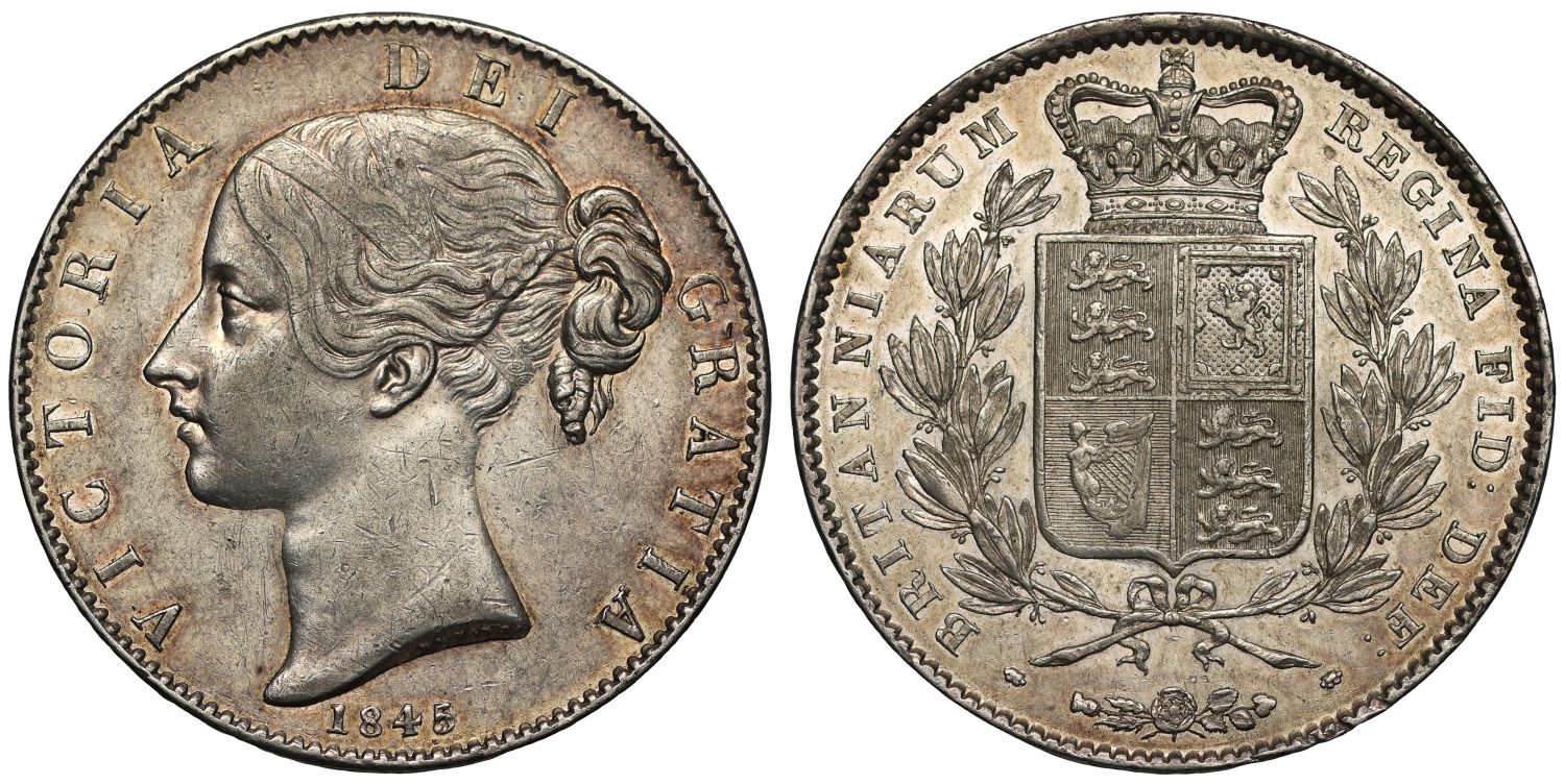 Victoria 1845 Crown, young head, edge year VIII, cinquefoil stops on edge