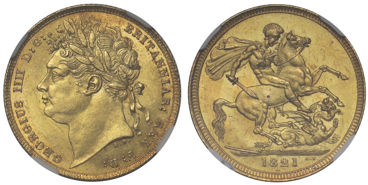 George IV 1821 Sovereign, MS63, bare head, 1st year