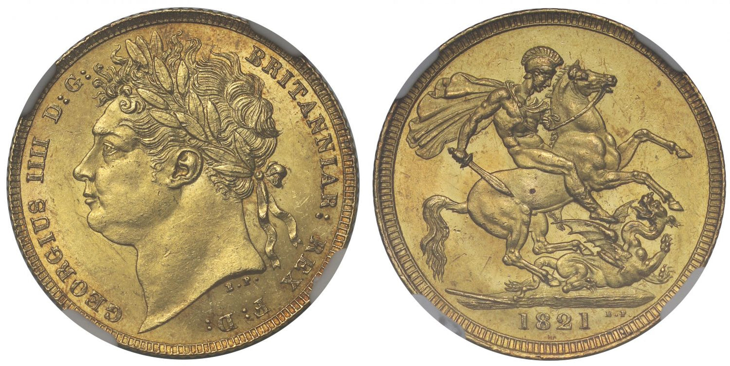 George IV 1821 Sovereign, MS63, bare head, 1st year