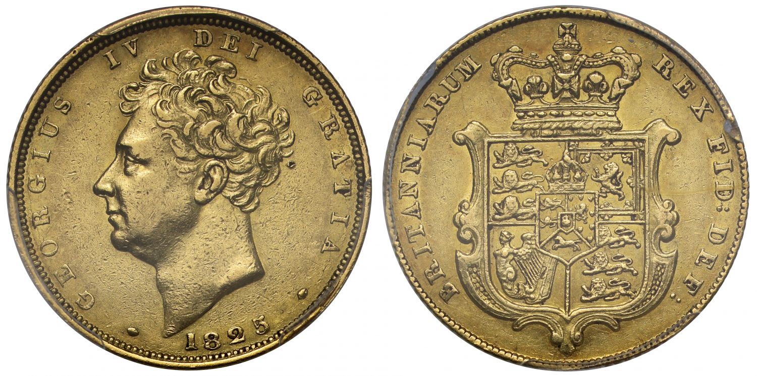 George IV 1825 Sovereign AU53, first year for bare head issue