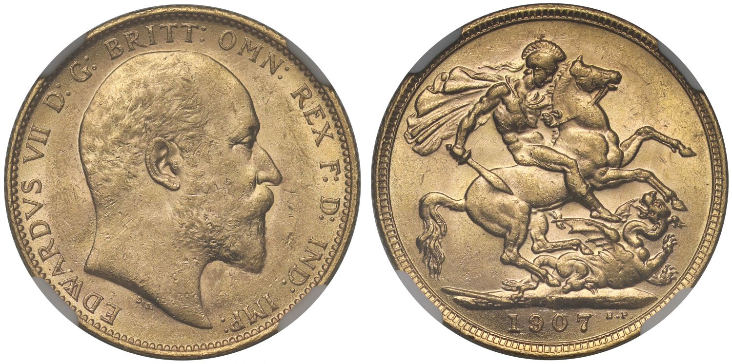 Edward VII 1907-M Sovereign Melbourne Mint AU58