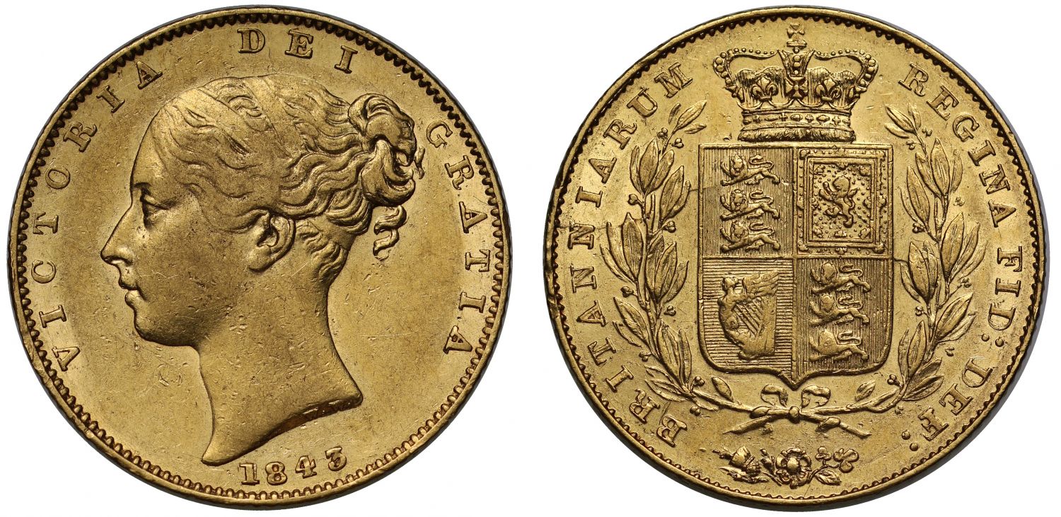 Victoria 1843 Sovereign, narrow shield, very fine, extremely rare
