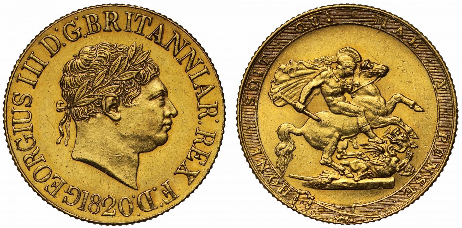 George III 1820 Sovereign AU58, open 2, final year for reign