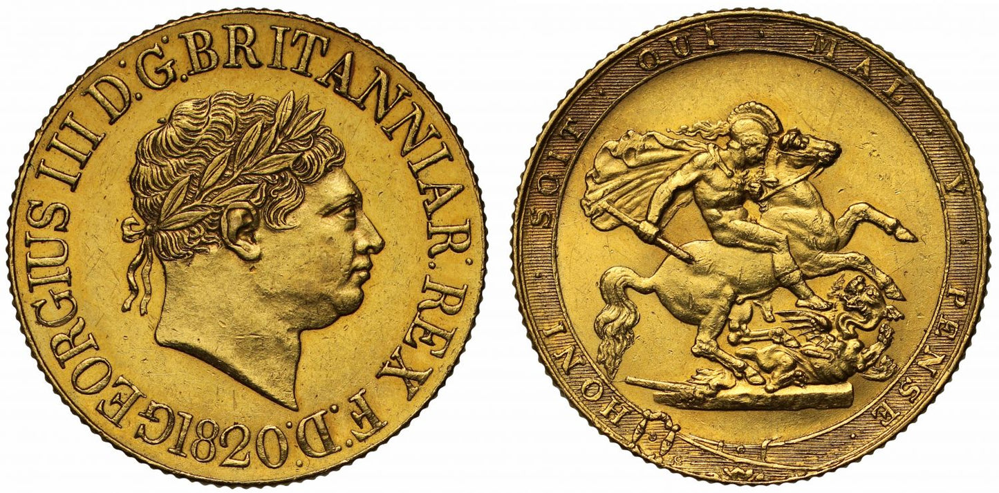 George III 1820 Sovereign AU58, open 2, final year for reign
