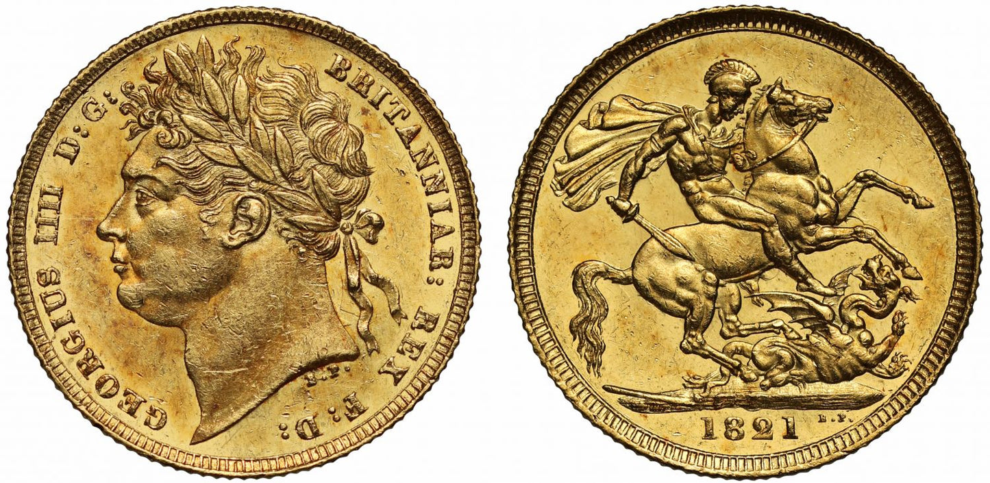 George IV 1821 Sovereign, laureate head MS61, first year of issue