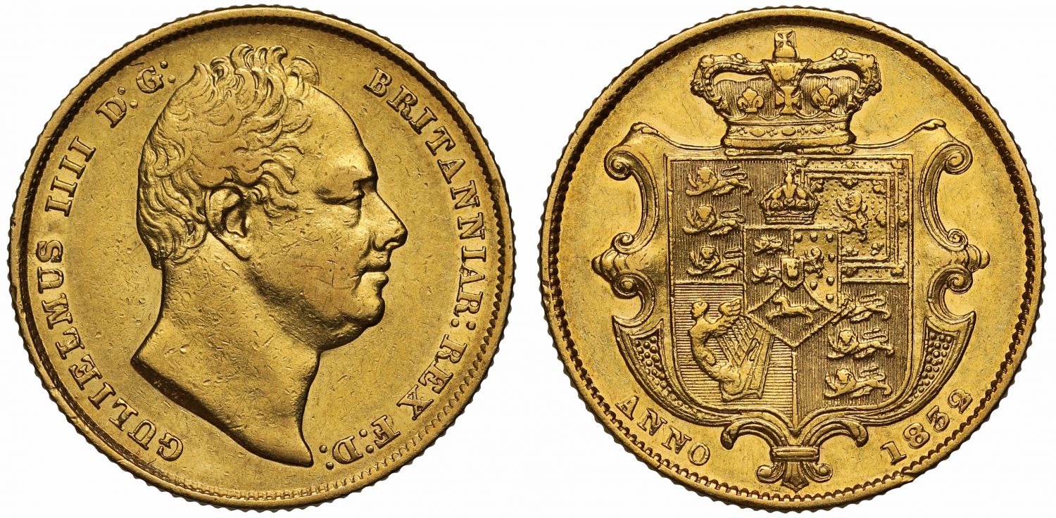 William IV 1832 Sovereign first bust, very rare type, AU50