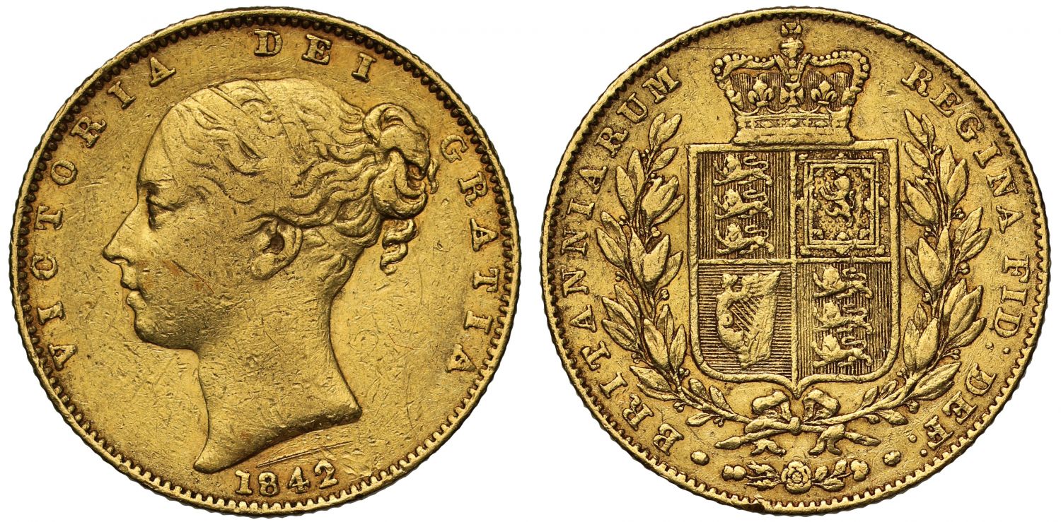 Victoria 1842 Sovereign open 2 in date, shield reverse young head
