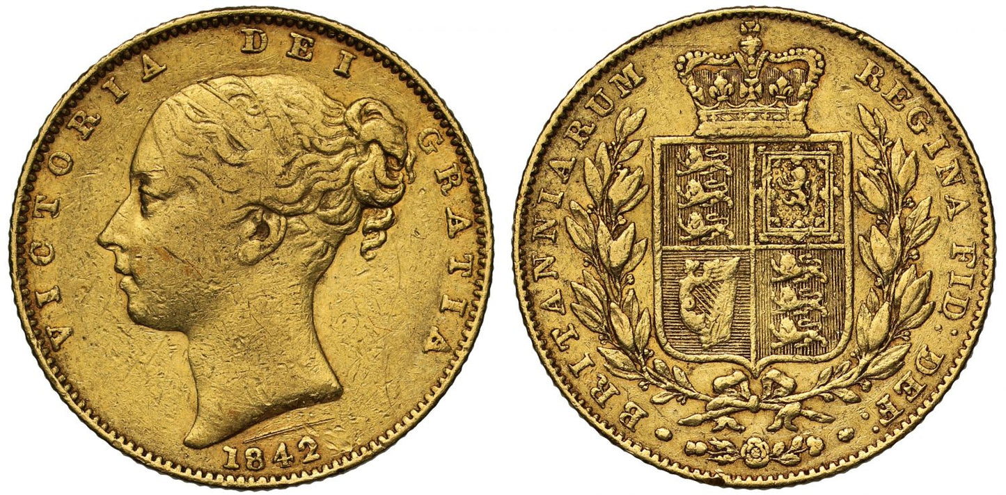Victoria 1842 Sovereign open 2 in date, shield reverse young head