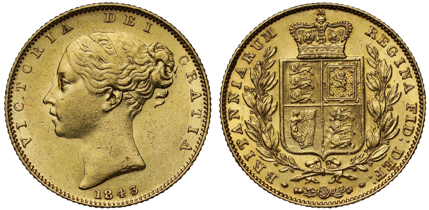 Victoria 1843 Sovereign, first young head, shield reverse