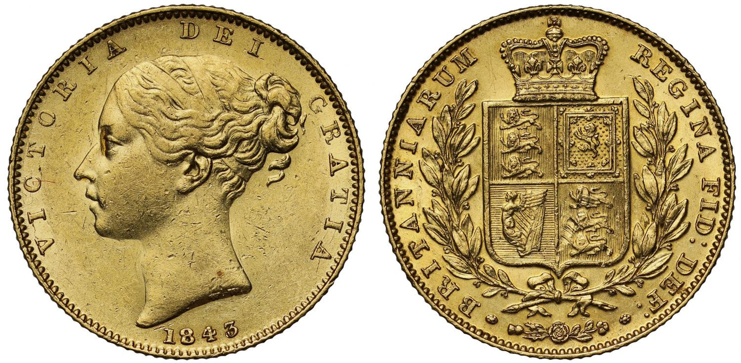 Victoria 1843 Sovereign, first young head, shield reverse