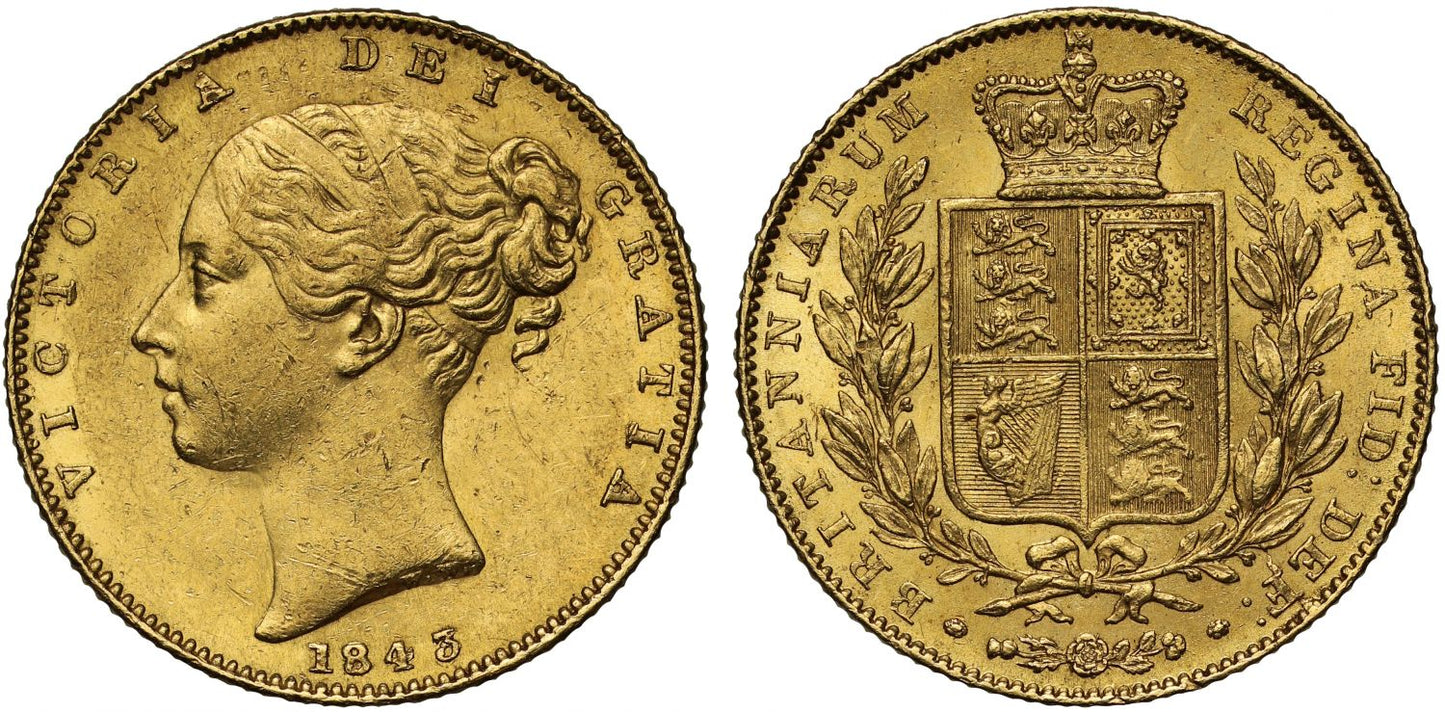 Victoria 1843 Sovereign, young head, shield reverse