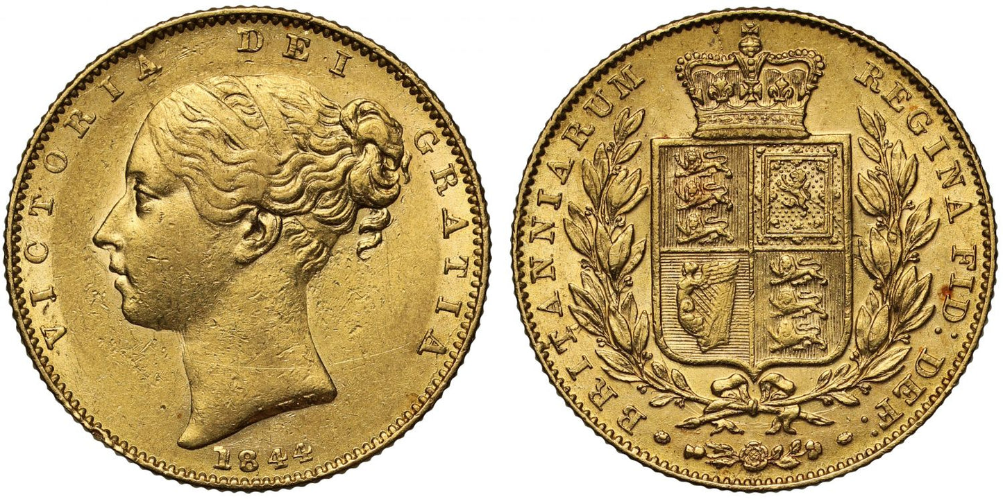 Victoria 1844 Sovereign, small close 44 in date, shield reverse