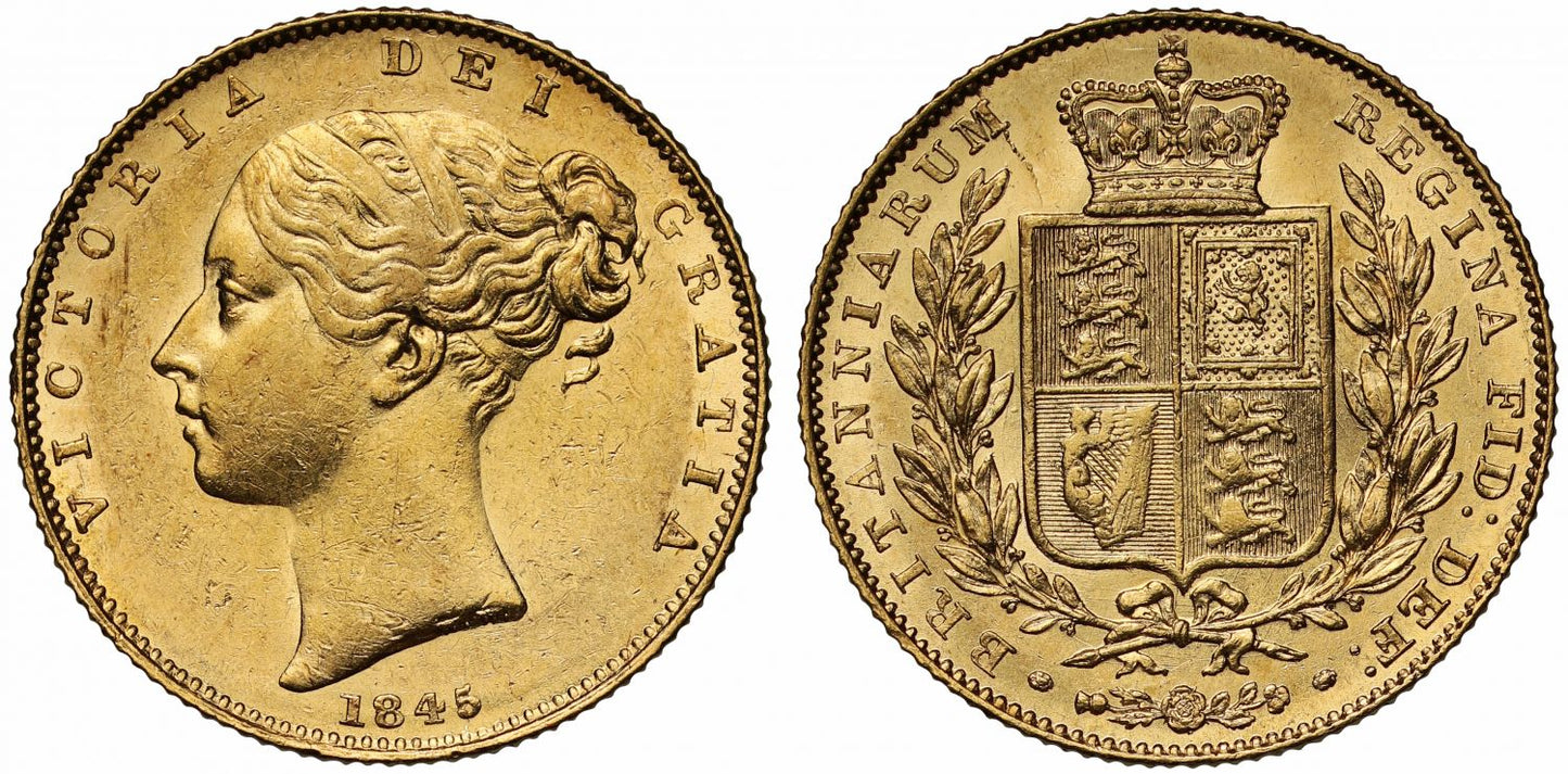 Victoria 1845 Sovereign AU58, first young head