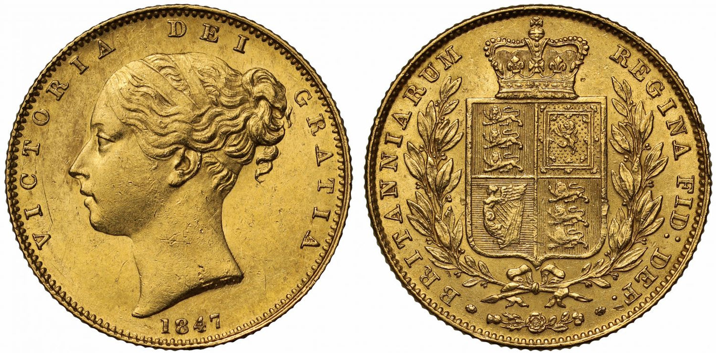 Victoria 1847 Sovereign MS61, first young head, shield reverse