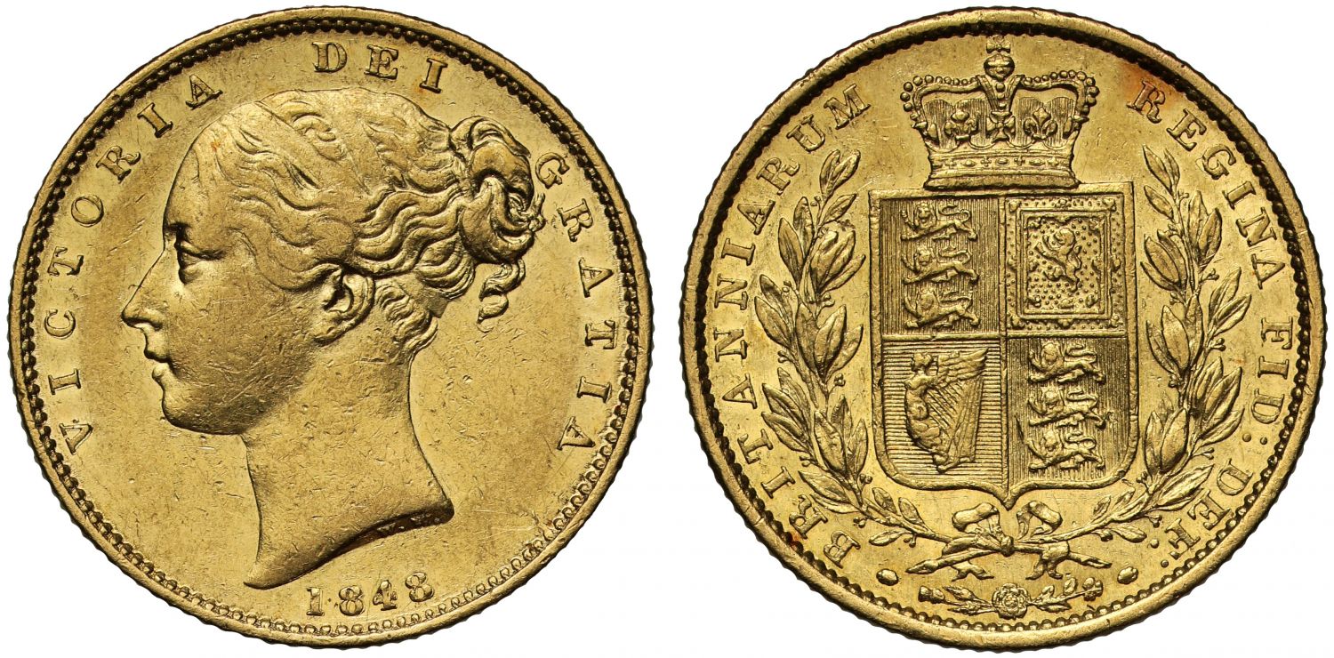 Victoria 1848 Sovereign second head, shield reverse