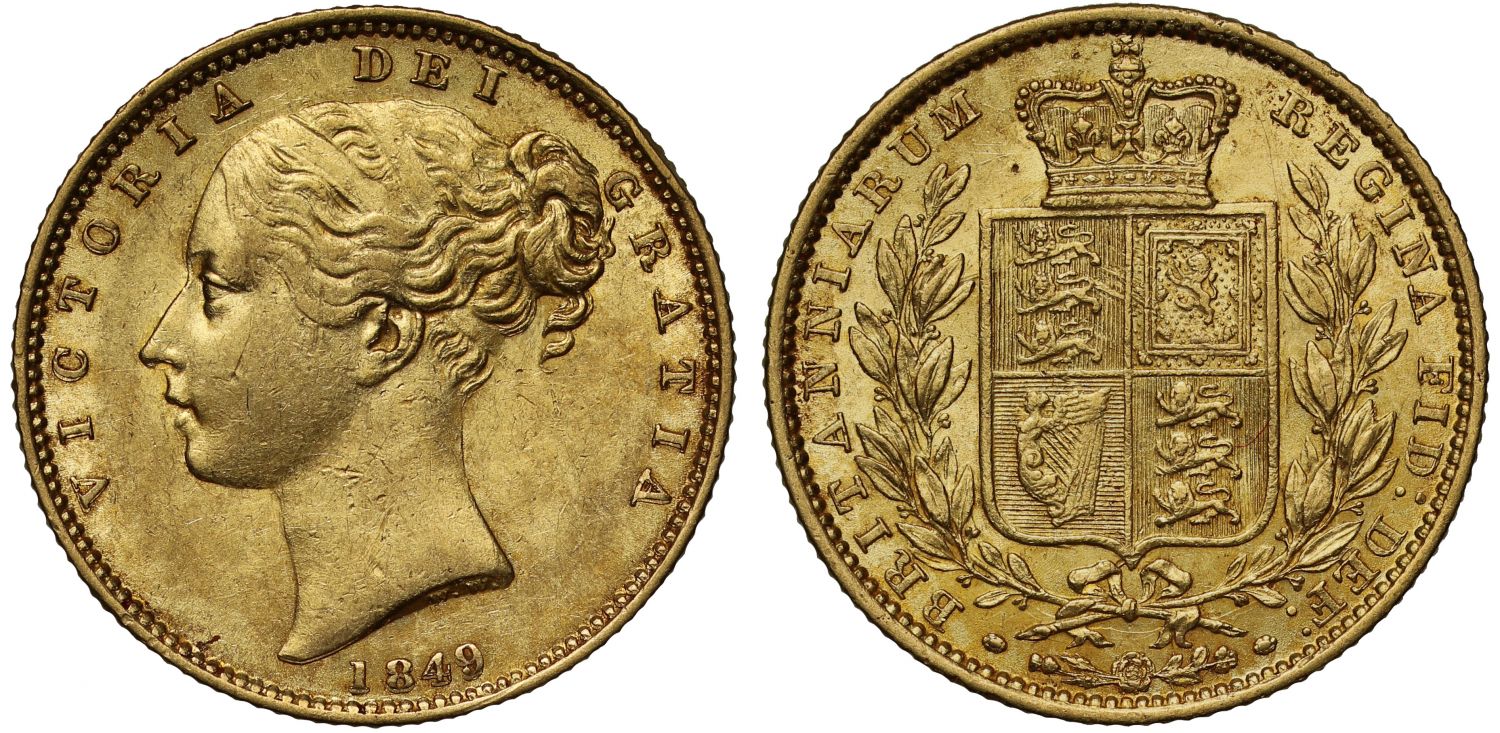 Victoria 1849 Sovereign, second young hesd, shield reverse