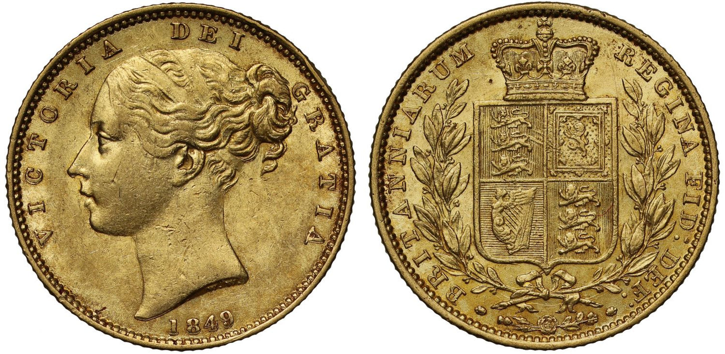 Victoria 1849 Sovereign, second young hesd, shield reverse