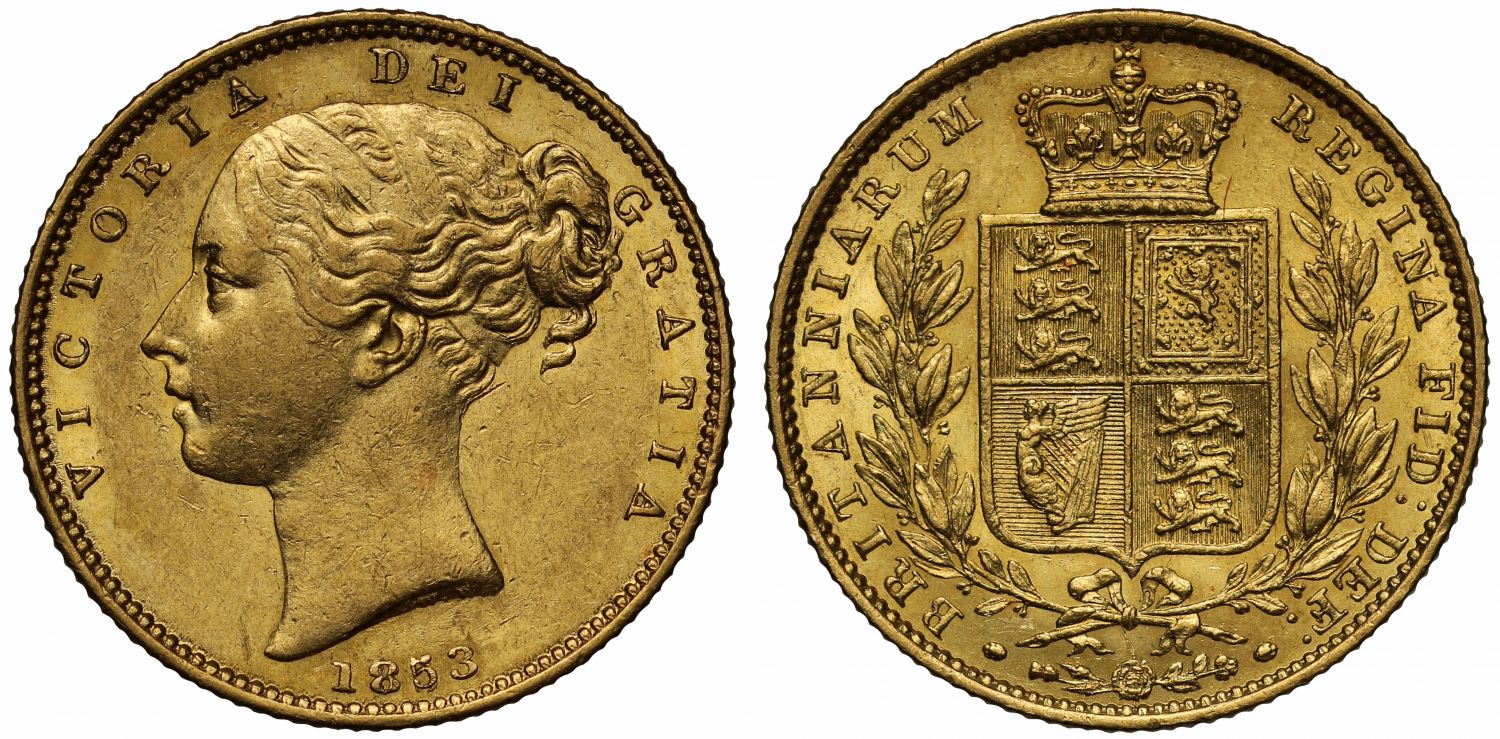 Victoria 1853 Sovereign WW raised on second young head