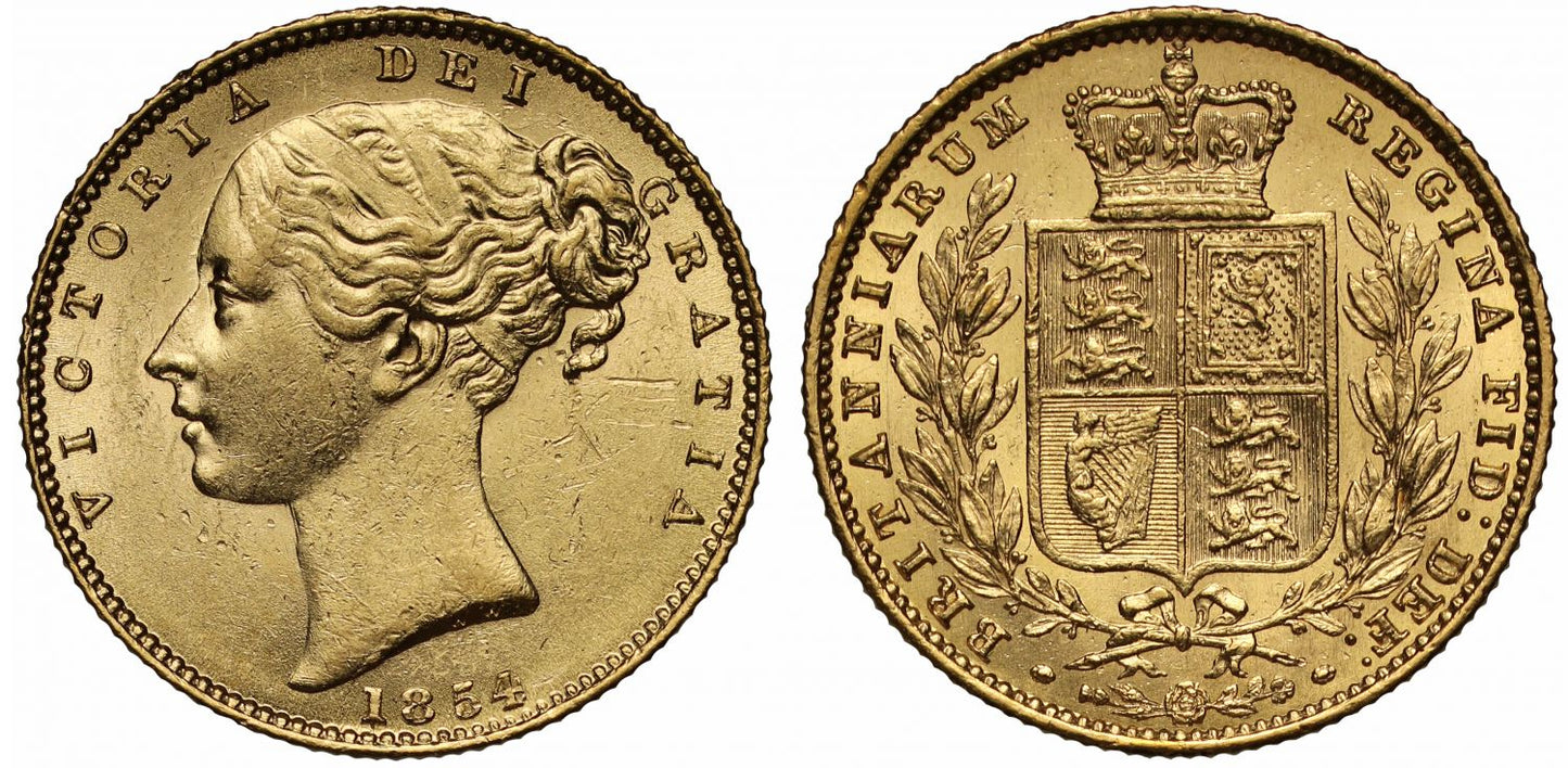 Victoria 1854 Sovereign WW incuse on truncation of young head MS61