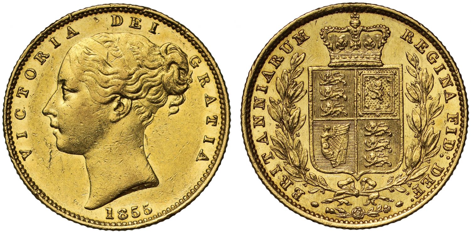 Victoria 1855 Sovereign WW raised on second bust, shield reverse