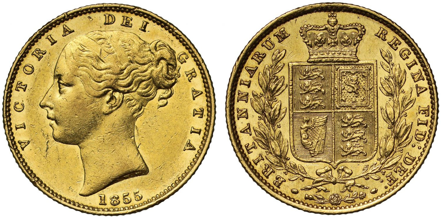 Victoria 1855 Sovereign WW raised on second bust, shield reverse