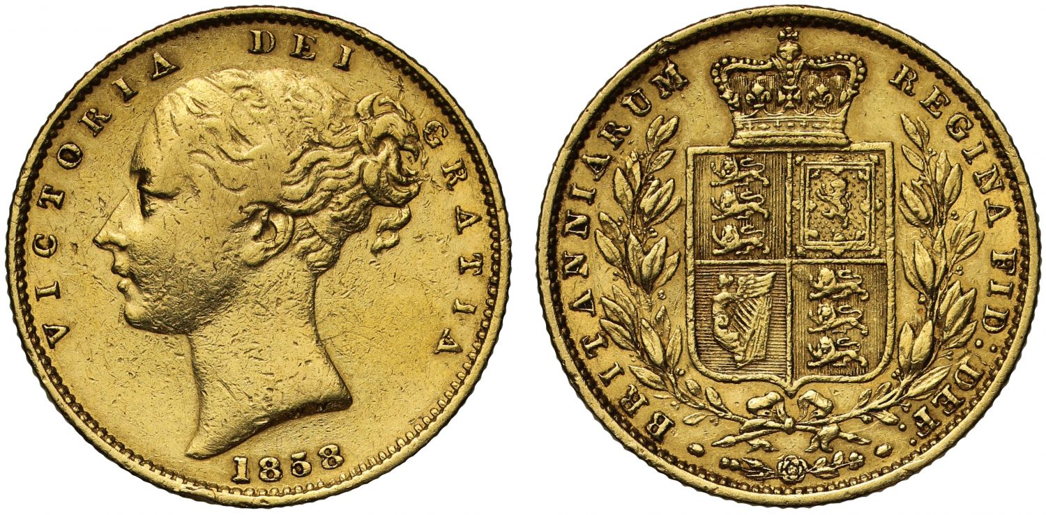 Victoria 1858 Sovereign, second young head, unbarred As in GRATIA error