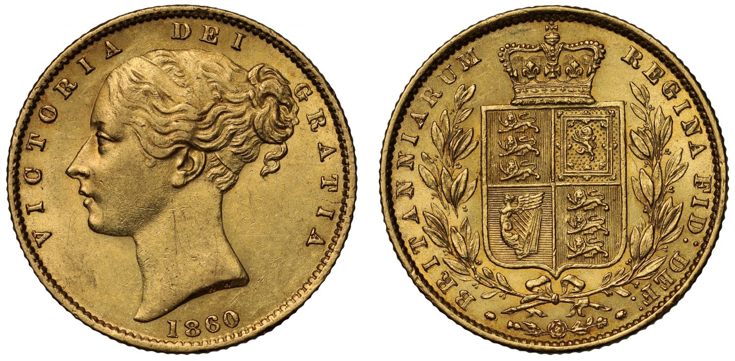 Victoria 1860 Sovereign, young head, shield reverse, letter O for 0 in date, rare