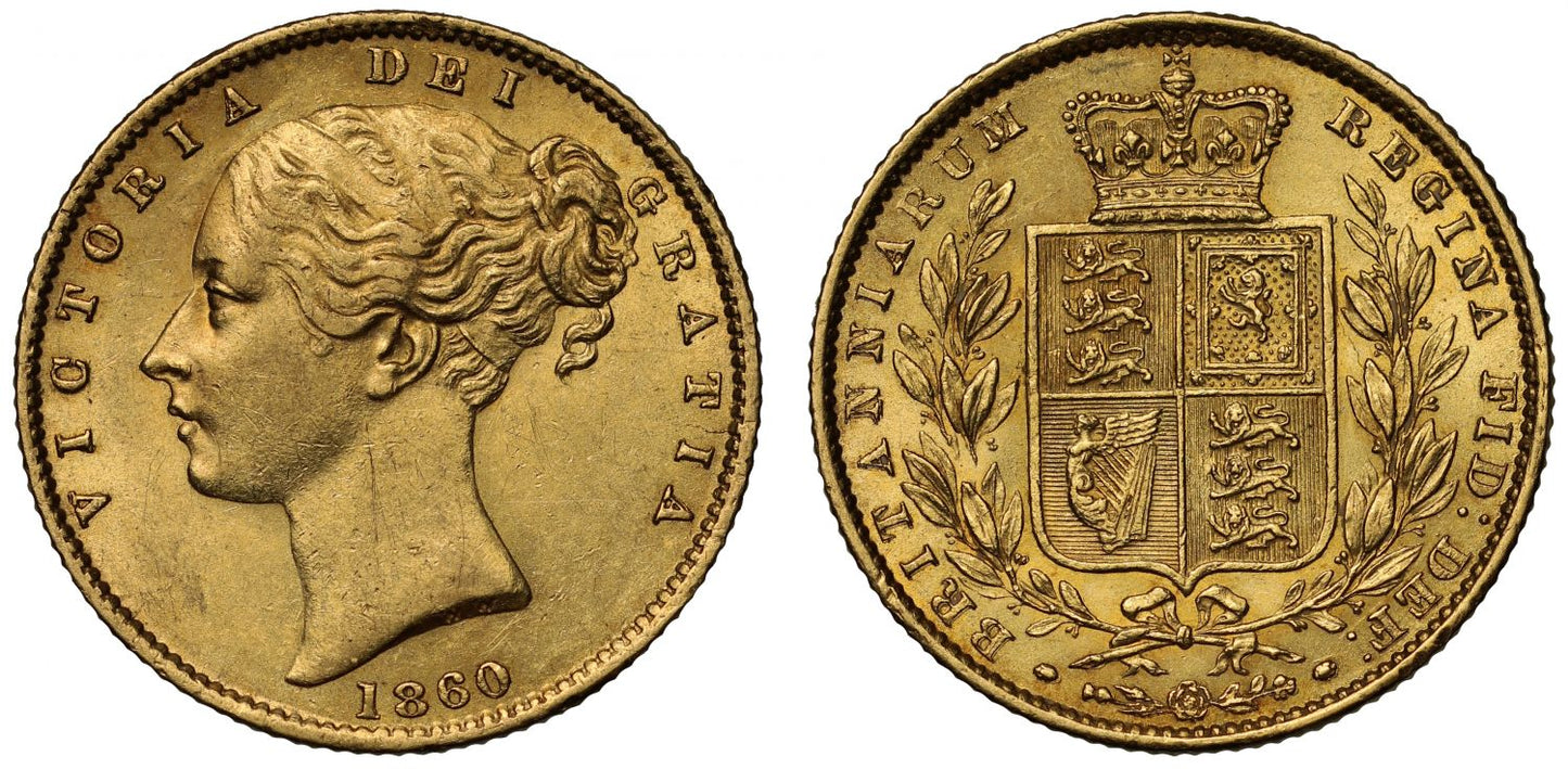 Victoria 1860 Sovereign, young head, shield reverse, letter O for 0 in date, rare