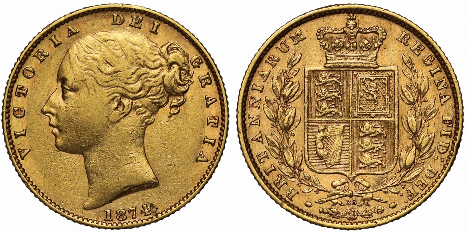 Victoria 1874 shield Sovereign, London, die 28, AU50