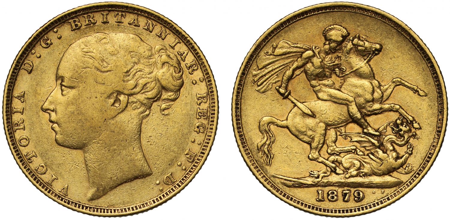 Victoria 1879 Sovereign, London, St. George reverse, doubled date