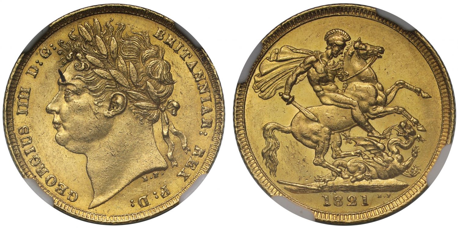 George IV 1821 Sovereign, MS62, 1st year of issue for reign
