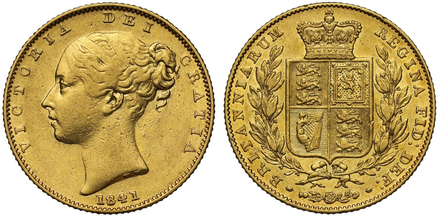 Victoria 1841 shield Sovereign unbarred A's in GRATIA
