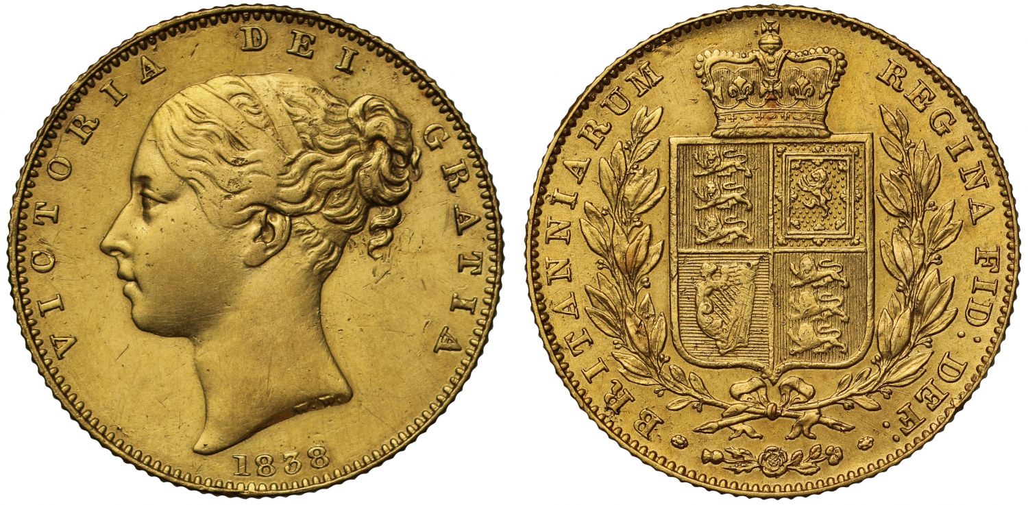 Victoria 1838 Sovereign, first young head, shield reverse, first date of reign