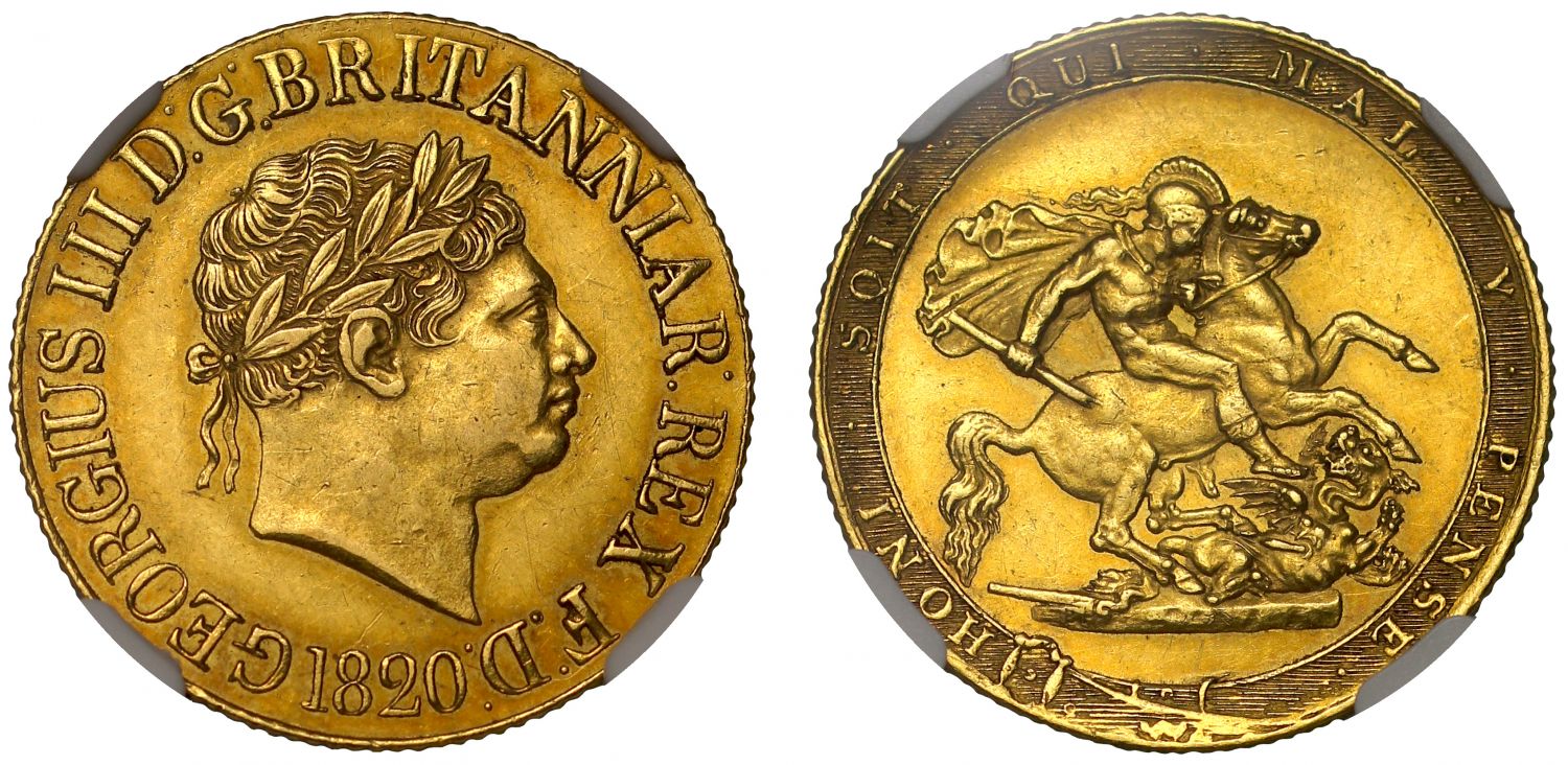 George III 1820 Sovereign AU58, closed 2 variety