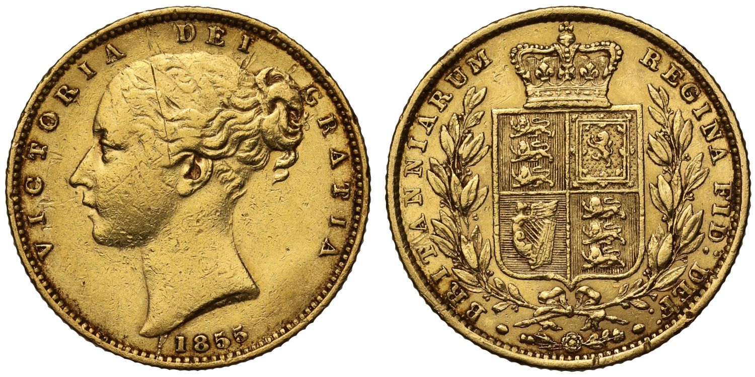 Victoria 1855 Sovereign WW raised on truncation of second young head