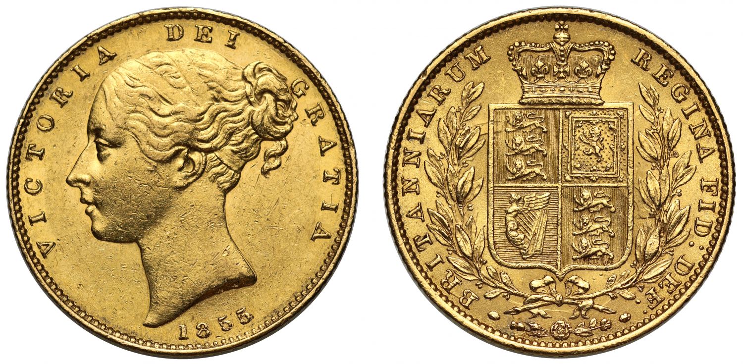 Victoria 1855 Sovereign WW incuse, second young head, shield reverse